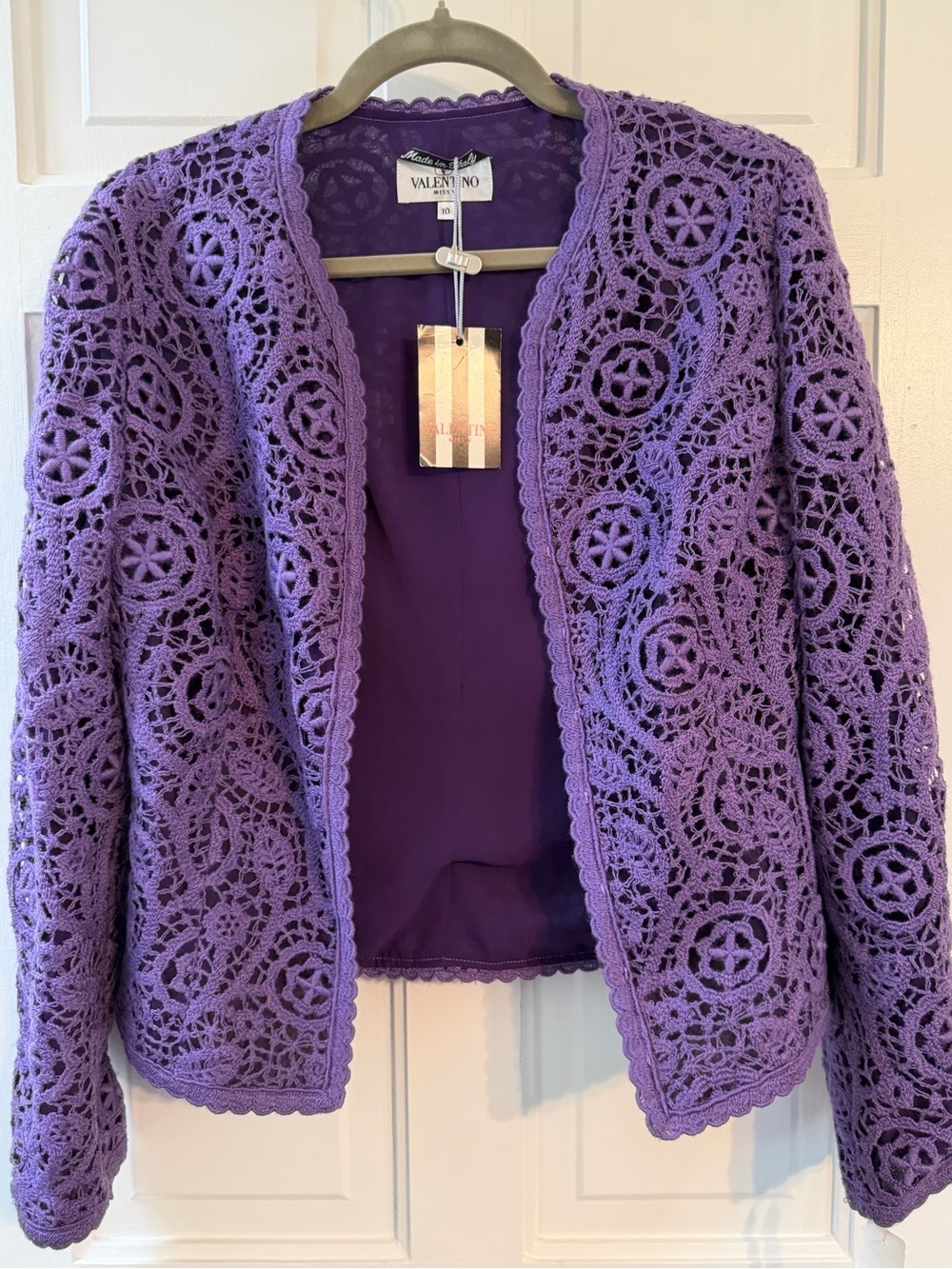NWT Vintage Valentino Miss V Purple Crochet Knit Cardigan Jacket Size 10 Made in